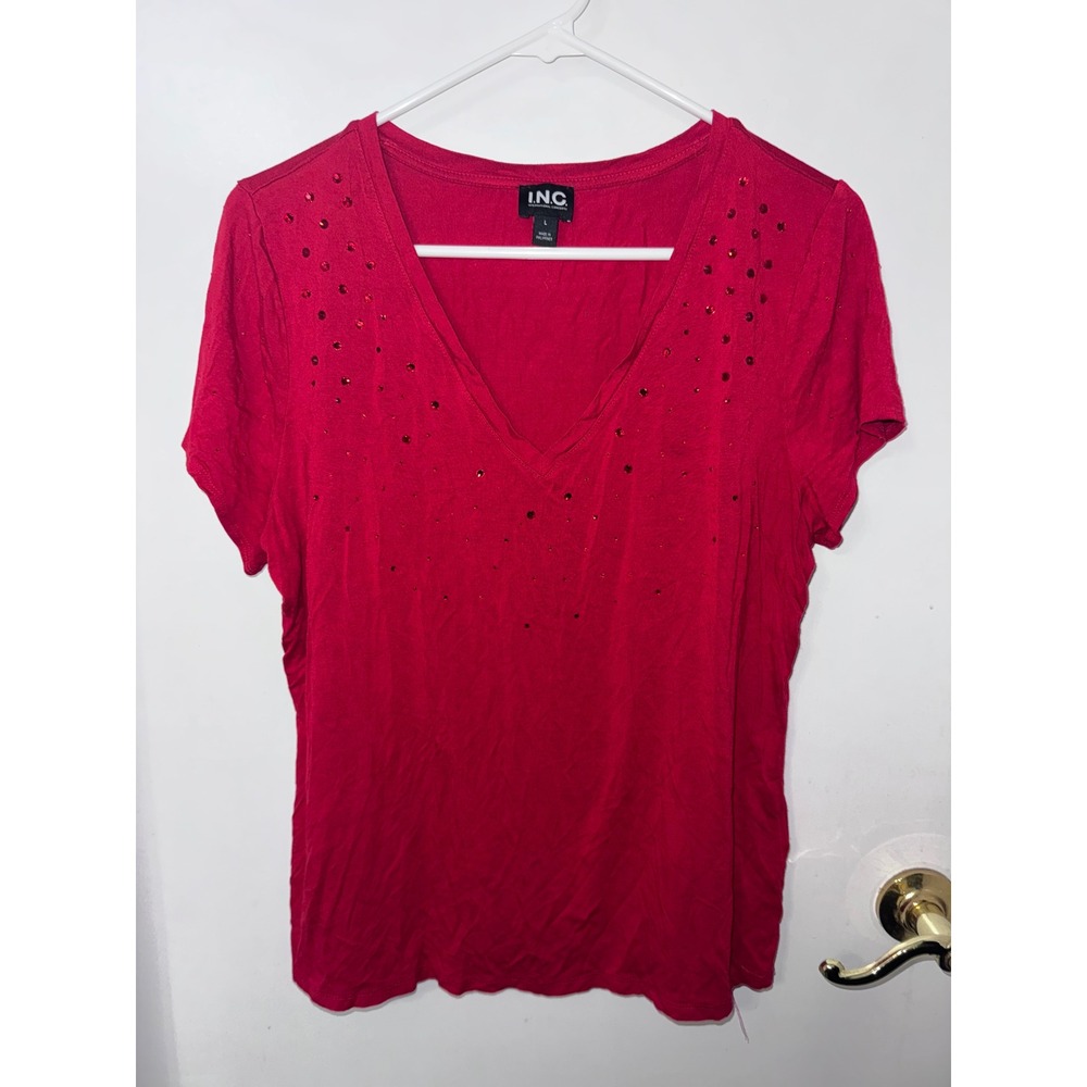 INC International Concepts Red V-Neck Rhinestone Embellished Short Sleeve Top L